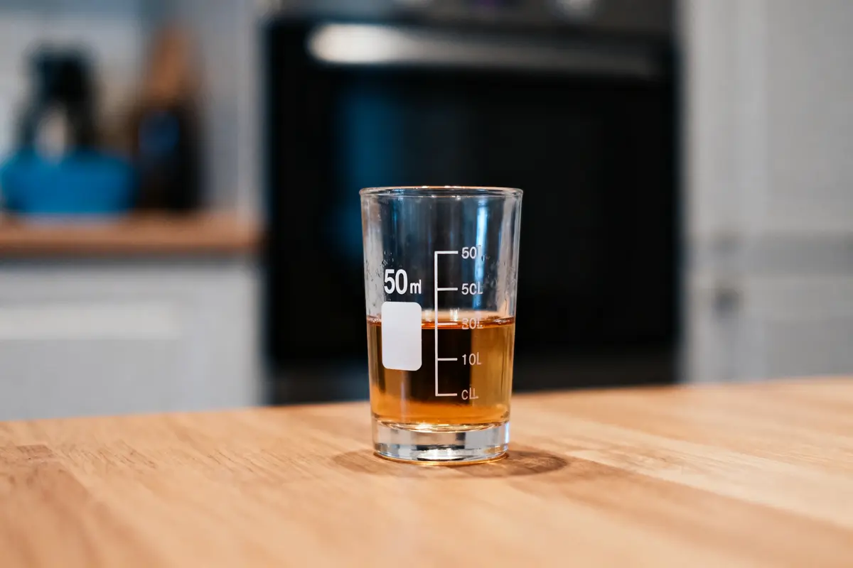 Verre gradué avec liquide ambré sur table en bois, arrière-plan flou de cuisine moderne.