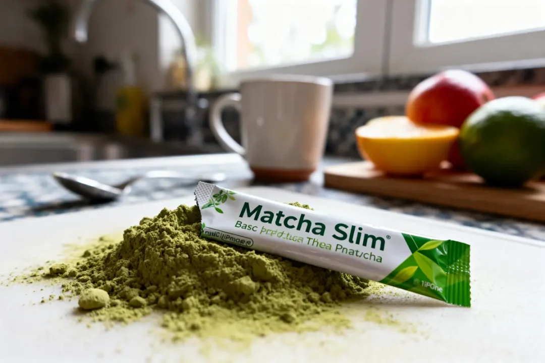 Sachet de Matcha Slim sur poudre verte, cuisine en arrière-plan avec fruits et tasse.