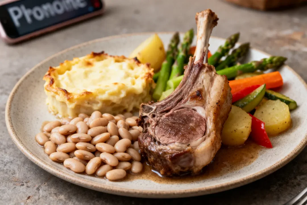 Assiette avec côte d'agneau, haricots blancs, gratin, légumes variés et téléphone flou en arrière-plan.