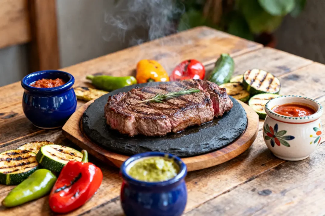 Steak juteux grillé avec légumes colorés et sauces sur table en bois. Présentation gastronomique appétissante.