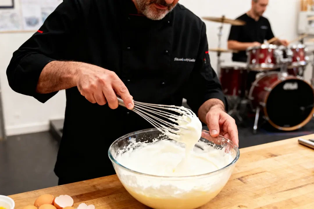 Un homme en costume noir fouette une pâte dans la cuisine, batterie à l'arrière-plan.