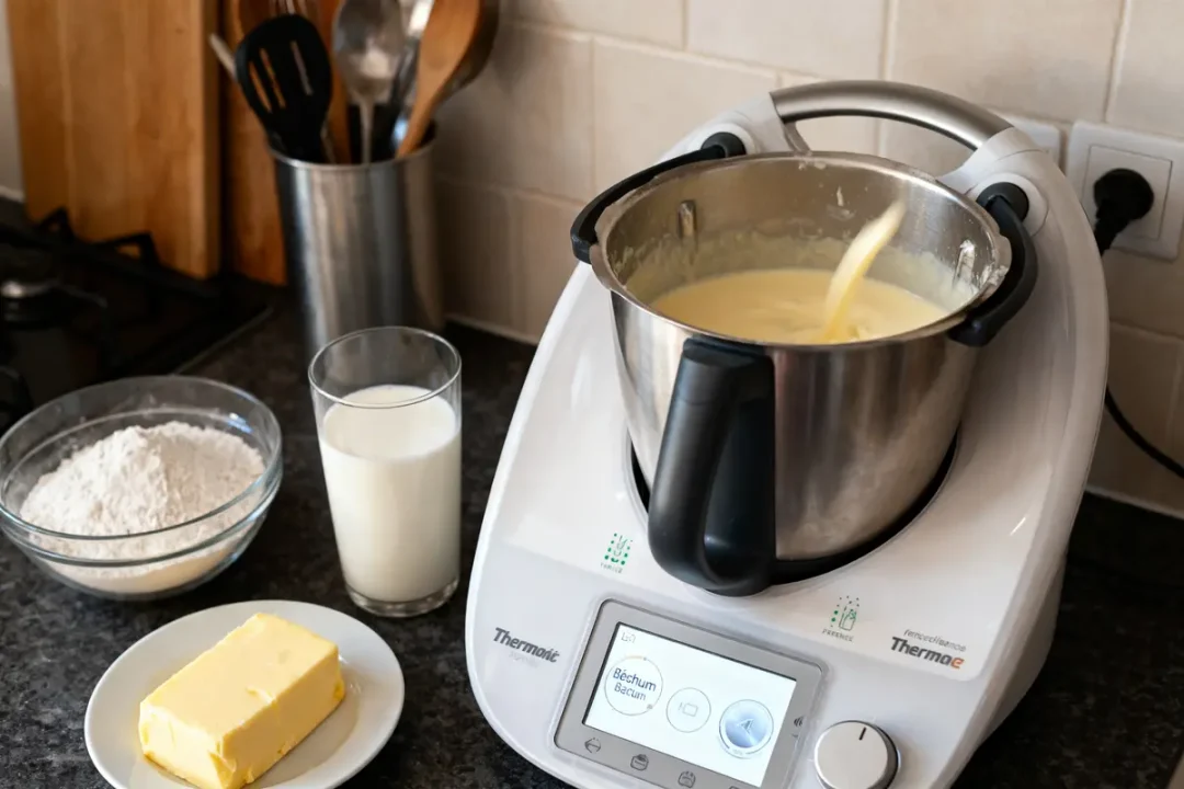 Robot culinaire avec préparation, ingrédients : beurre, lait, farine sur plan de travail de cuisine.