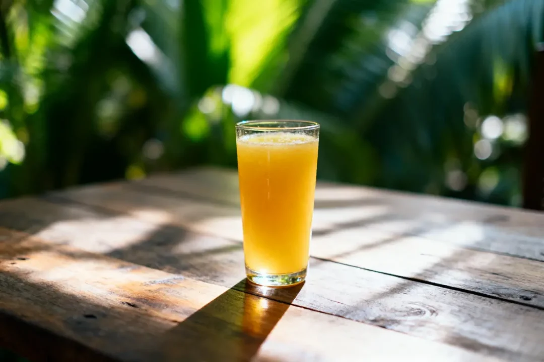 Verre de jus d'orange sur une table en bois, avec fond de feuillage vert flou.