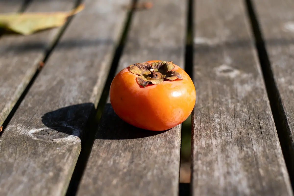Un kaki orange posé sur une table en bois éclairée par le soleil.