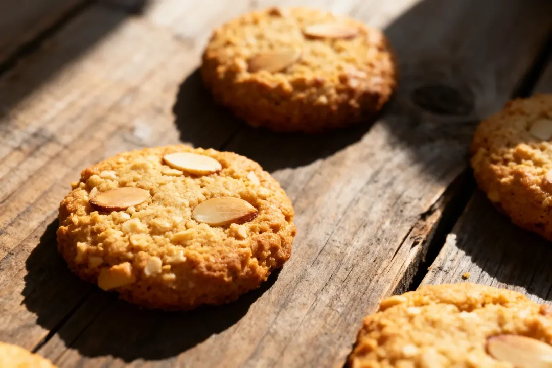 Cookies aux amandes dorés, disposés sur une planche en bois, éclairés par la lumière naturelle du soleil.