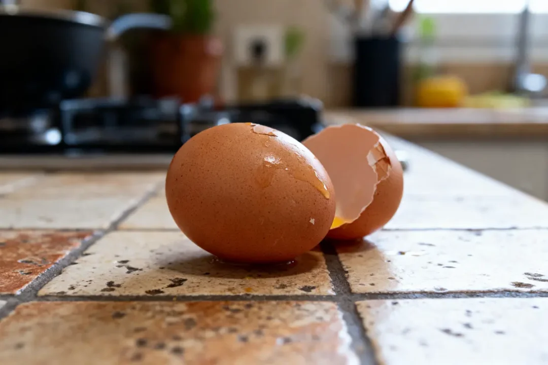 Oeuf cassé sur un plan de travail carrelé dans une cuisine, avec intérieur visible.