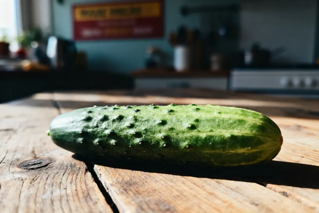Concombre vert texturé sur une table en bois, cuisine en arrière-plan floue, éclairage naturel.