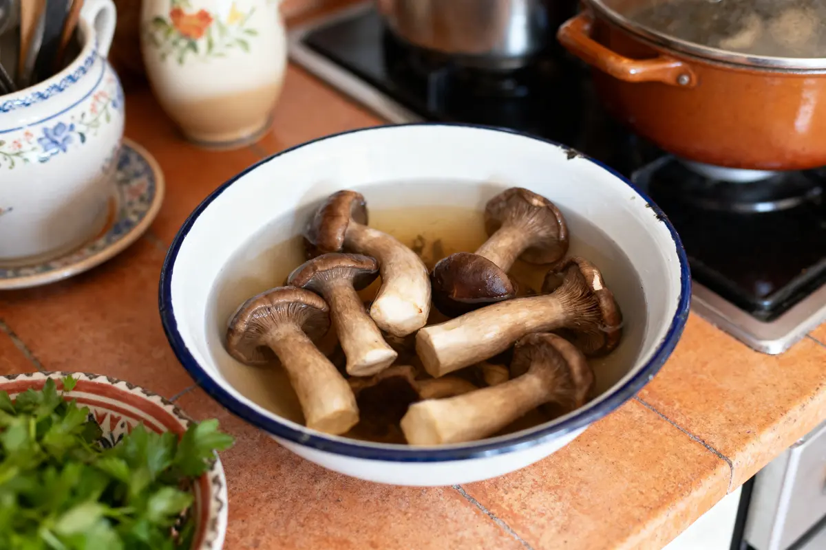 Bol de champignons trempant dans l'eau sur une cuisine rustique, herbes fraîches à gauche.