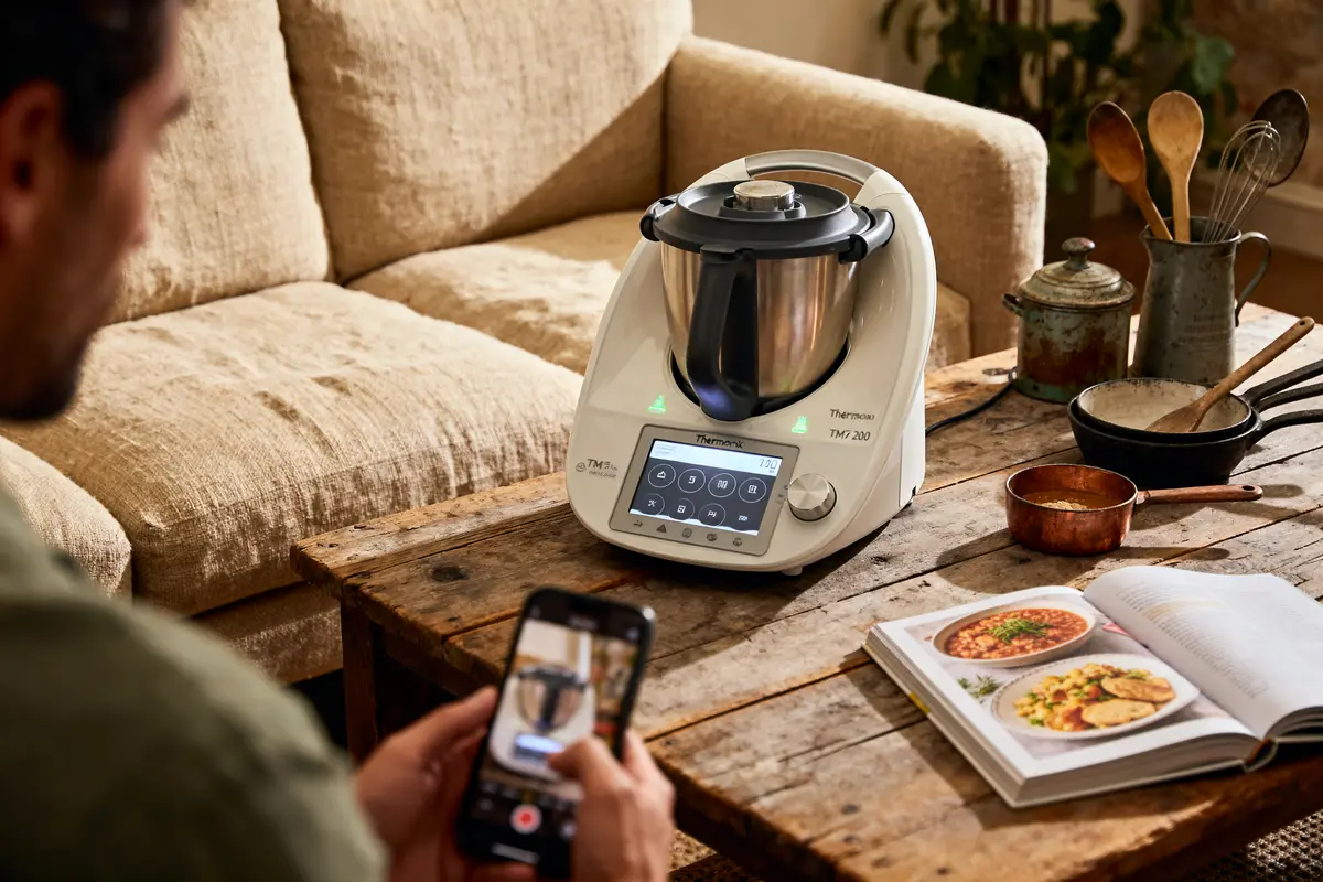 Robot cuisine sur table bois avec livre recettes, casseroles, ustensiles, homme utilisant smartphone, canapé en arrière-plan.