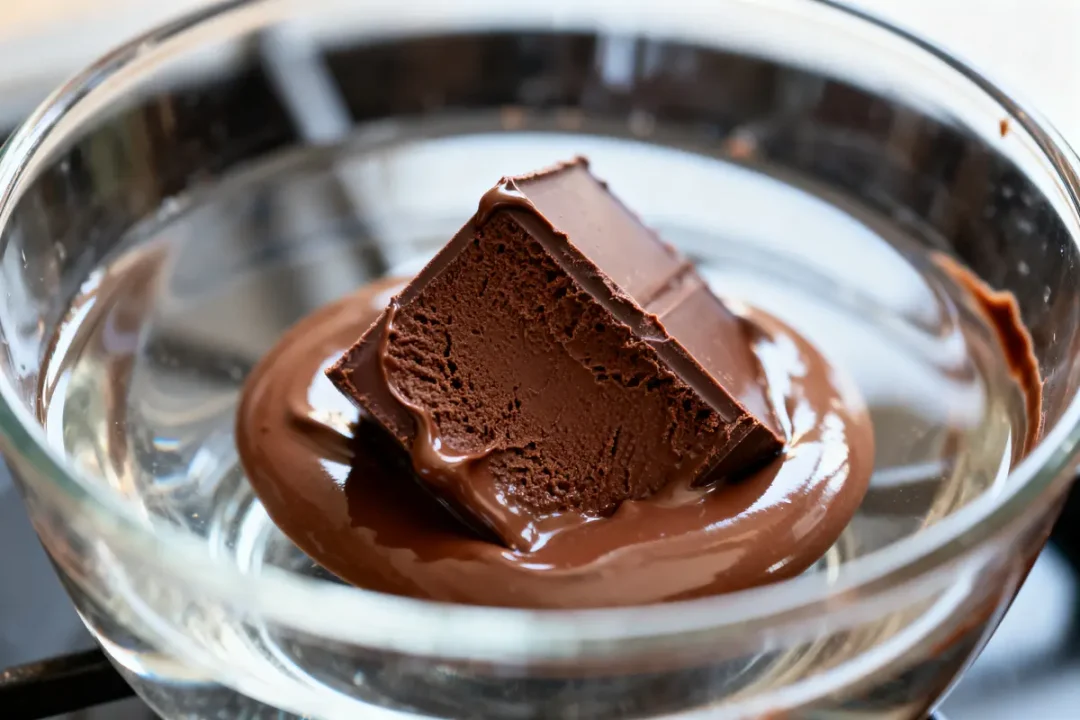 Cube de chocolat en train de fondre dans un bol en verre transparent.