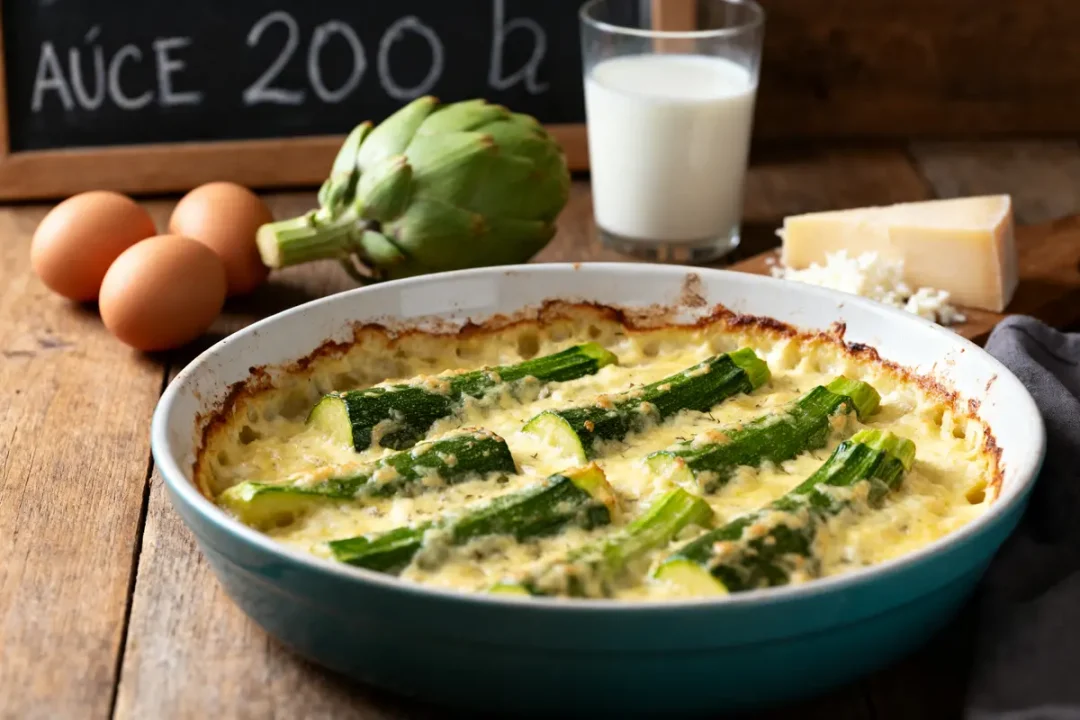 Plat au four de courgettes gratinées avec artichaut, œufs, fromage, lait, et tableau noir en arrière-plan.