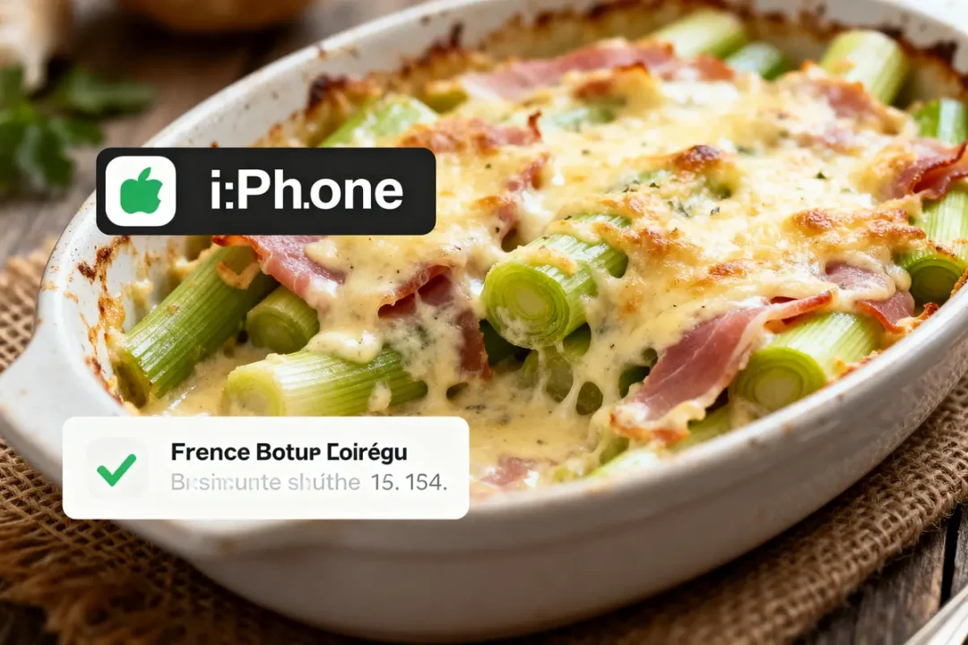 Gratin de poireaux au jambon et fromage gratiné dans un plat en céramique, étiquettes texte superposées.