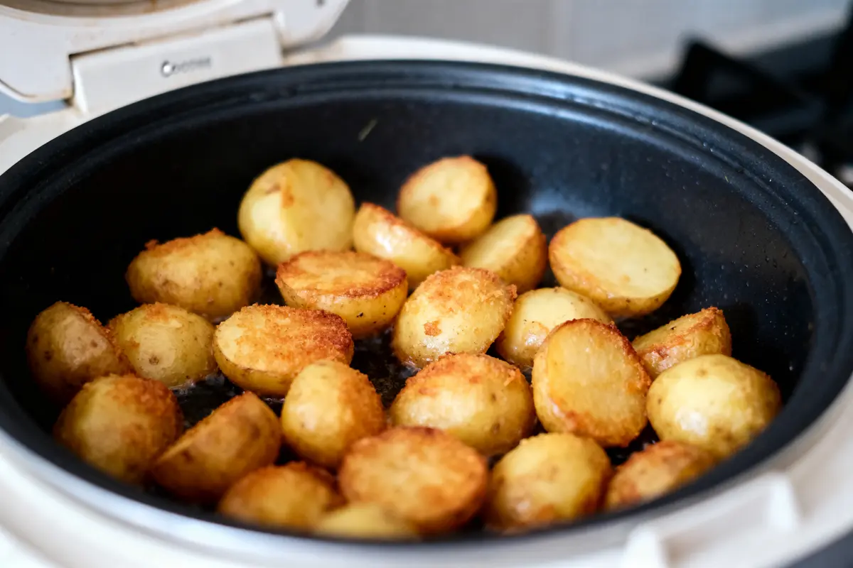 Pommes de terre dorées et croustillantes dans une poêle, cuisson uniforme, cuisine appétissante.