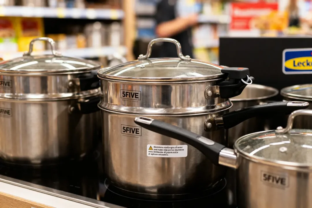 Batterie de cuisine en acier inoxydable 5FIVE avec couvercles et poignées noires dans un magasin.