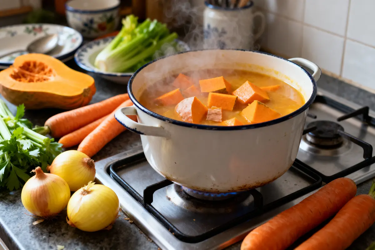 Cocotte avec soupe de potiron et légumes (carottes, oignons, céleri) sur plan de travail de cuisine.
