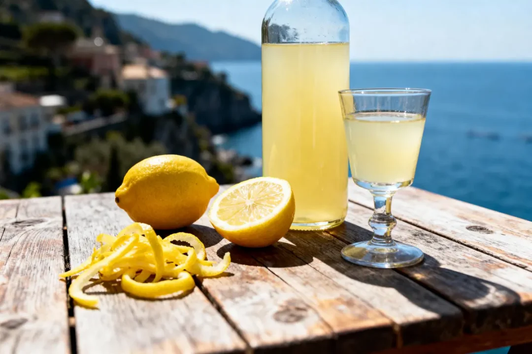 Bouteille et verre de limoncello avec citrons sur table en bois, vue mer Méditerranée en arrière-plan.
