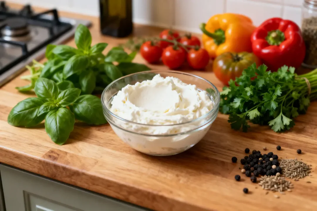 Bol de fromage blanc sur planche bois, entouré d'herbes, poivrons, tomates et épices.