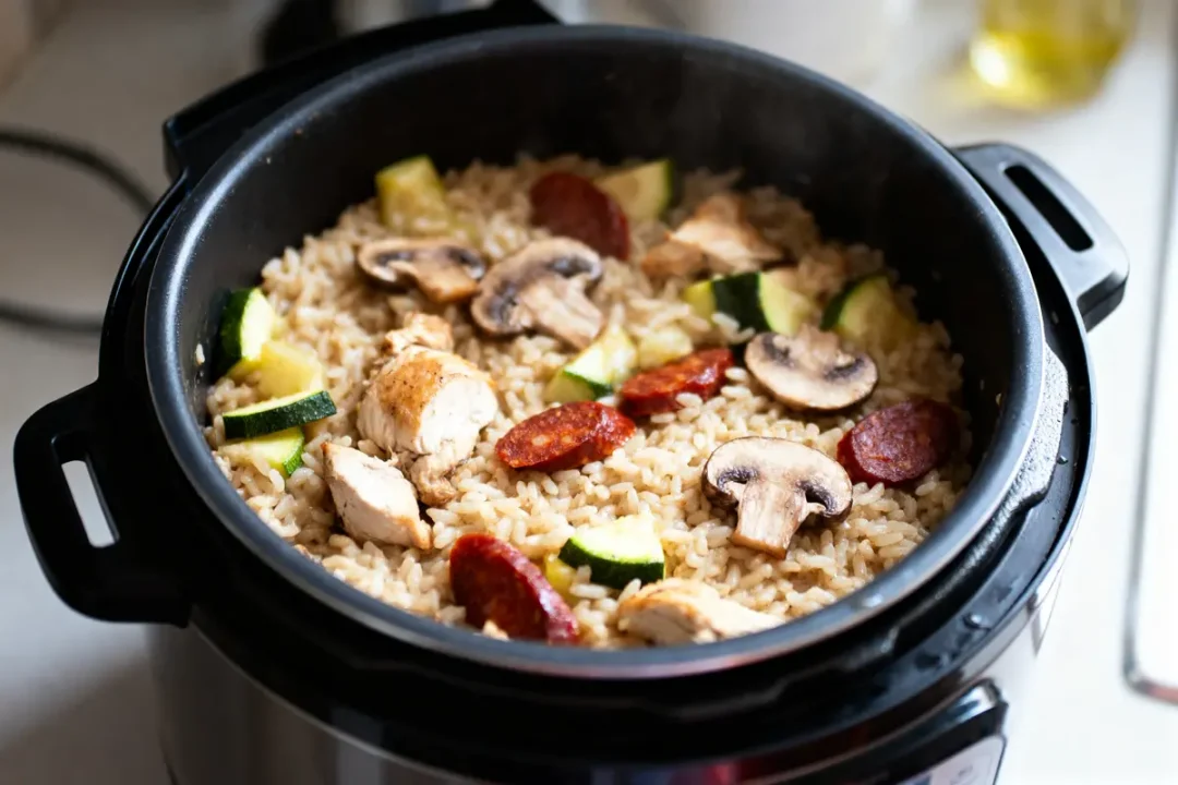 Plat de riz cuit avec champignons, courgettes, poulet et tranches de chorizo dans un cuiseur à riz.