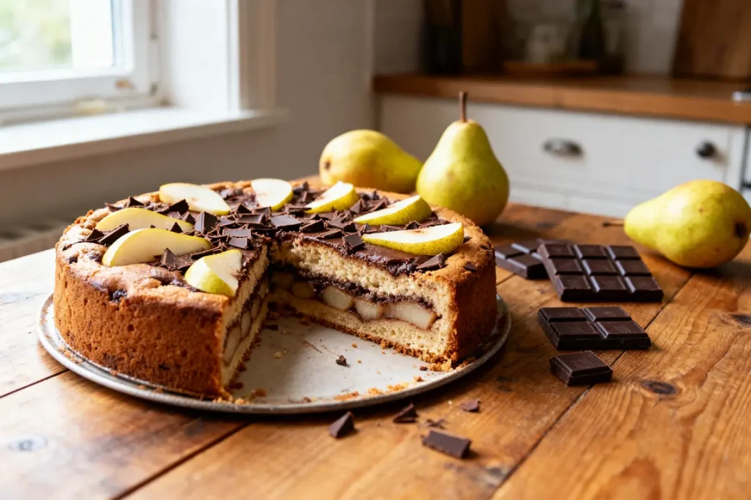 Gâteau aux poires et chocolat, tranches découpées, sur table en bois avec poires et chocolat en arrière-plan.