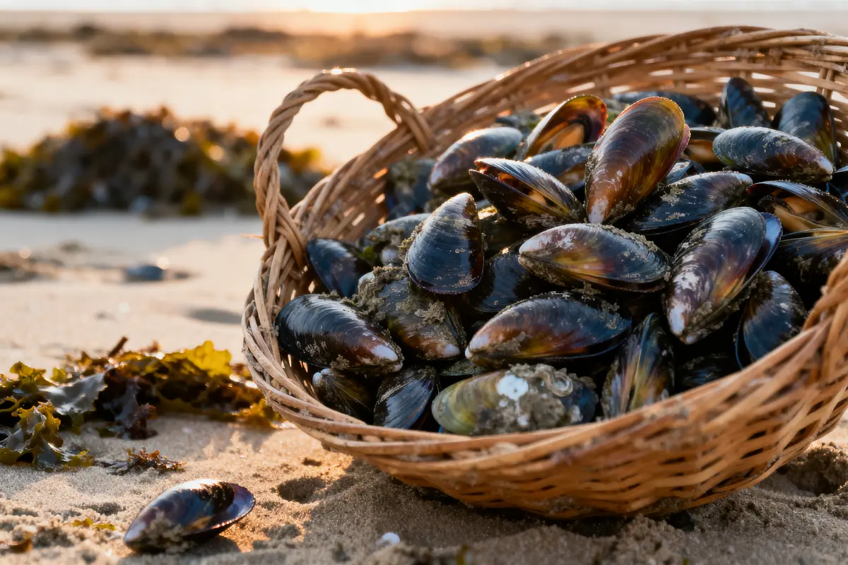 Panier de moules fraîches sur sable, algues autour, plage en arrière-plan, éclairage ensoleillé.