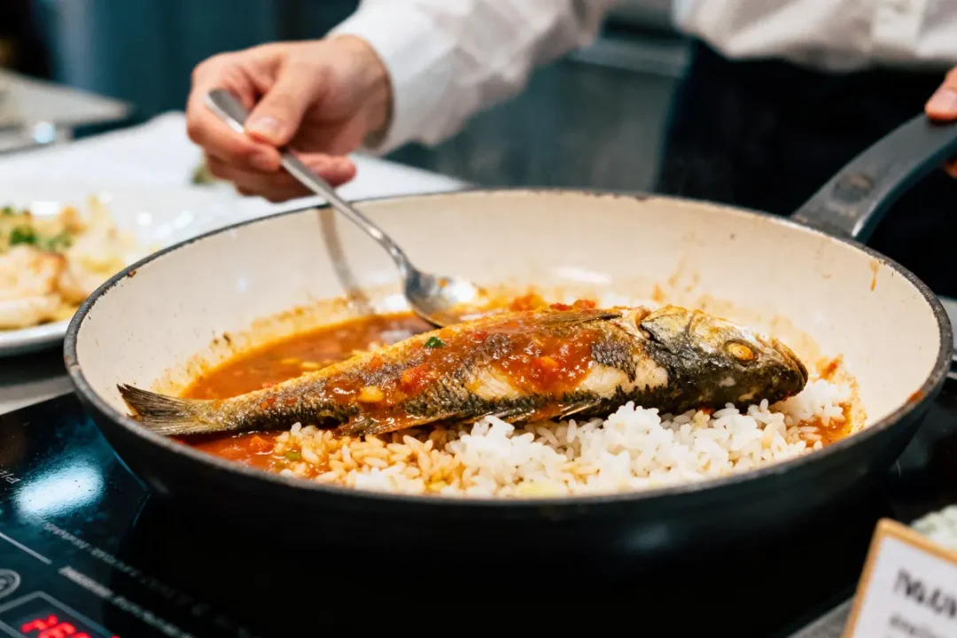 Plat de poisson entier sur riz, avec sauce tomate, mélangé à la cuillère dans une poêle blanche.