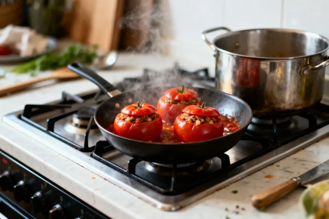 Poivrons farcis cuisant dans une poêle sur une cuisinière, avec une casserole en arrière-plan.