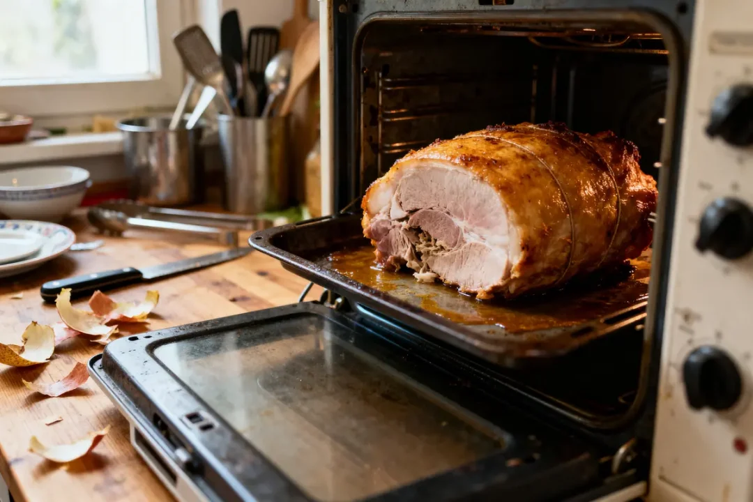 Rôti de porc cuit dans un four ouvert, cuisine avec ustensiles et épluchures d'oignon sur la table.