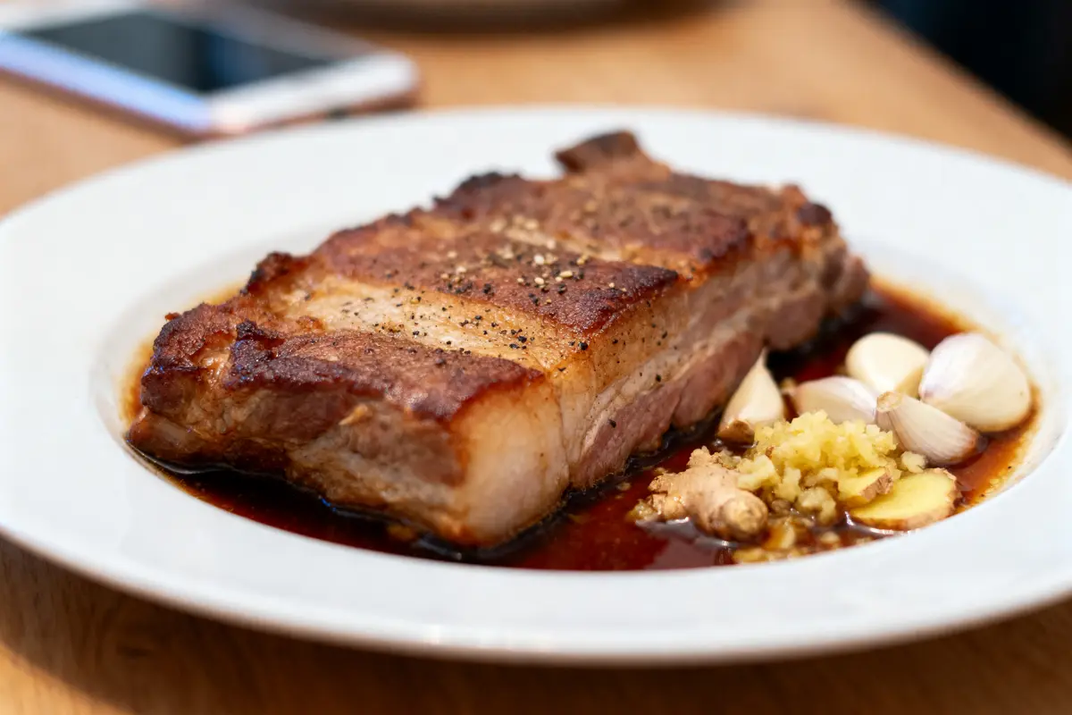 Assiette avec rôti de porc, ail, gingembre, sauce brune. Téléphone flou en arrière-plan sur table en bois.