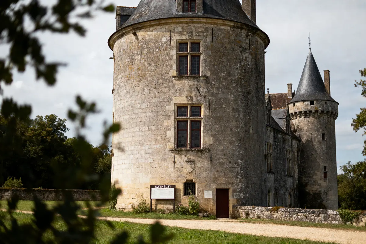 Château médiéval en pierre avec tours rondes, fenêtres gothiques, et toit en ardoise entouré de verdure.