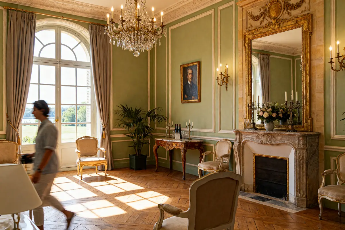 Salle élégante avec cheminée, miroirs dorés, lustre, grandes fenêtres, portrait, chaises classiques et parquet bois.
