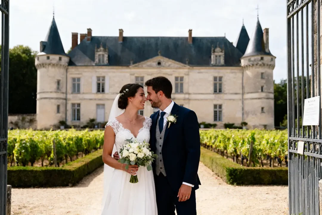 Un couple de mariés sourit devant un château avec un jardin de vignes.