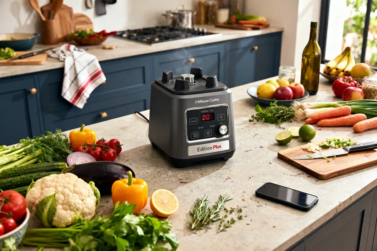 Robot culinaire sur un plan de travail avec légumes frais, fruits, smartphone, bouteille d'huile et herbes aromatiques.