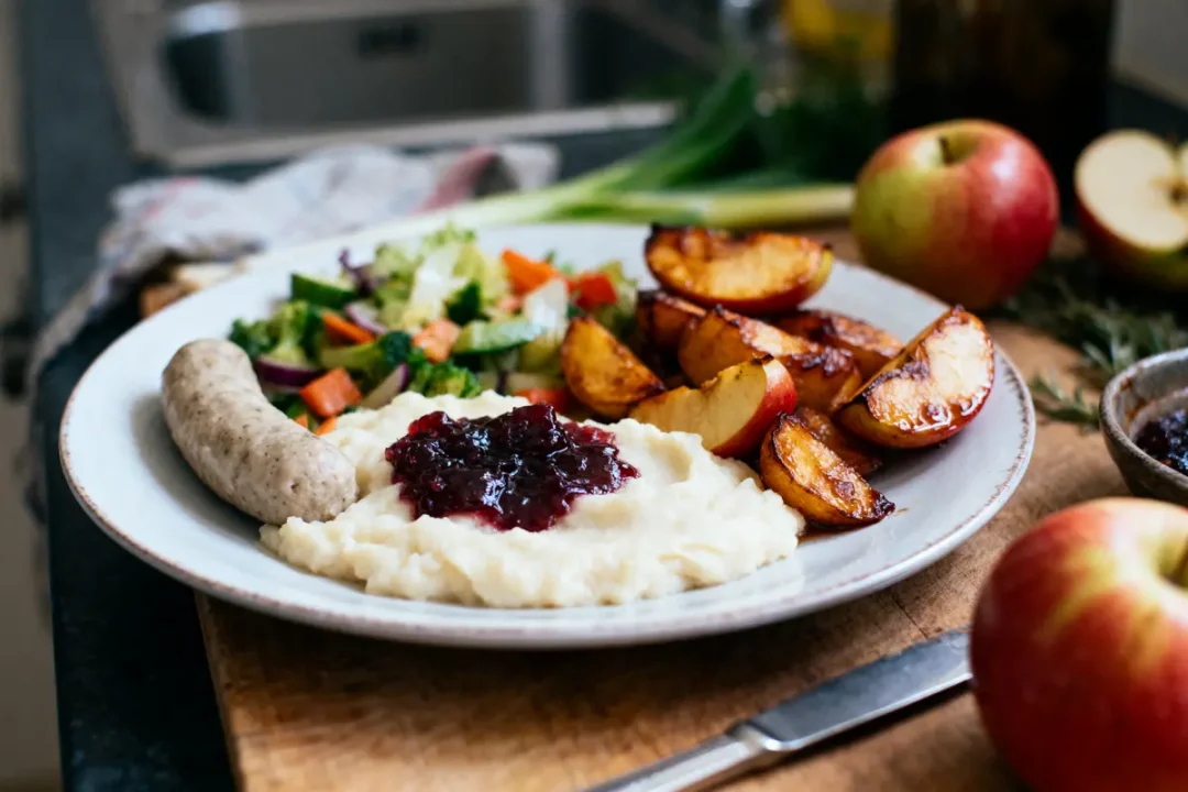 Assiette avec purée, saucisse, pommes de terre rôties, légumes, sauce aux fruits et pommes sur planche en bois.