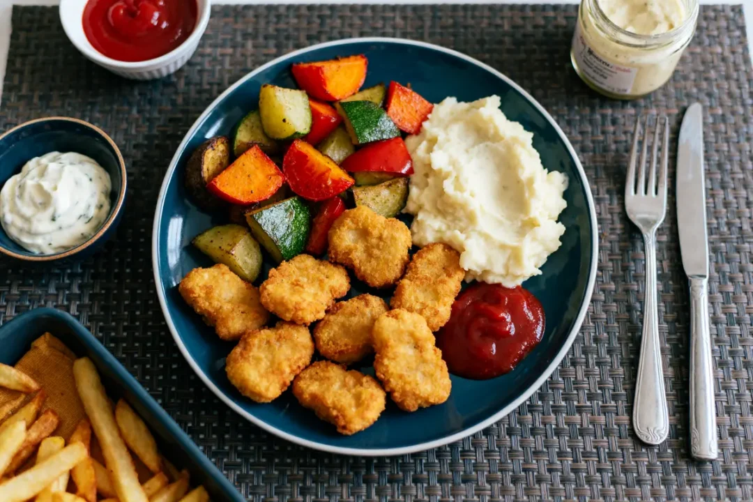 Assiette de nuggets, légumes grillés, purée, ketchup, sauces à part, pommes frites, sur nappe tissée avec couverts.