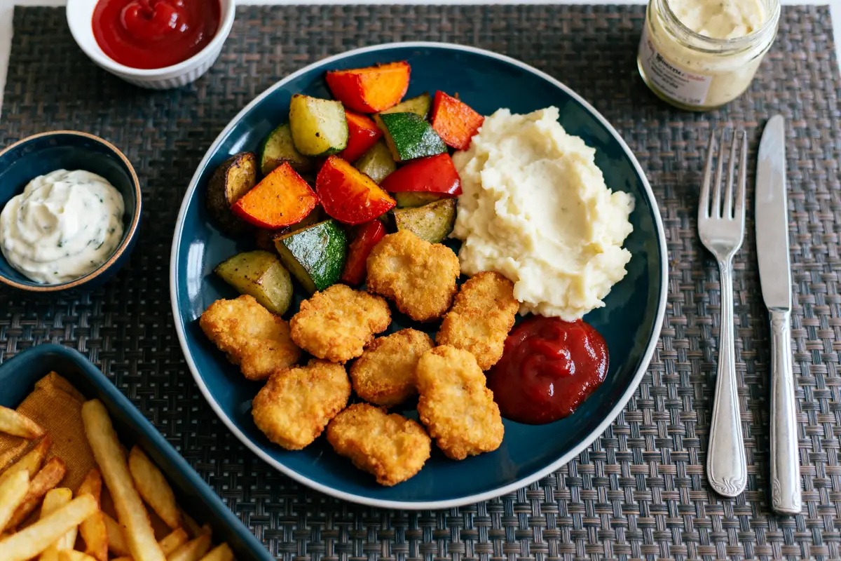 Assiette de nuggets, légumes grillés, purée, ketchup, sauces à part, pommes frites, sur nappe tissée avec couverts.