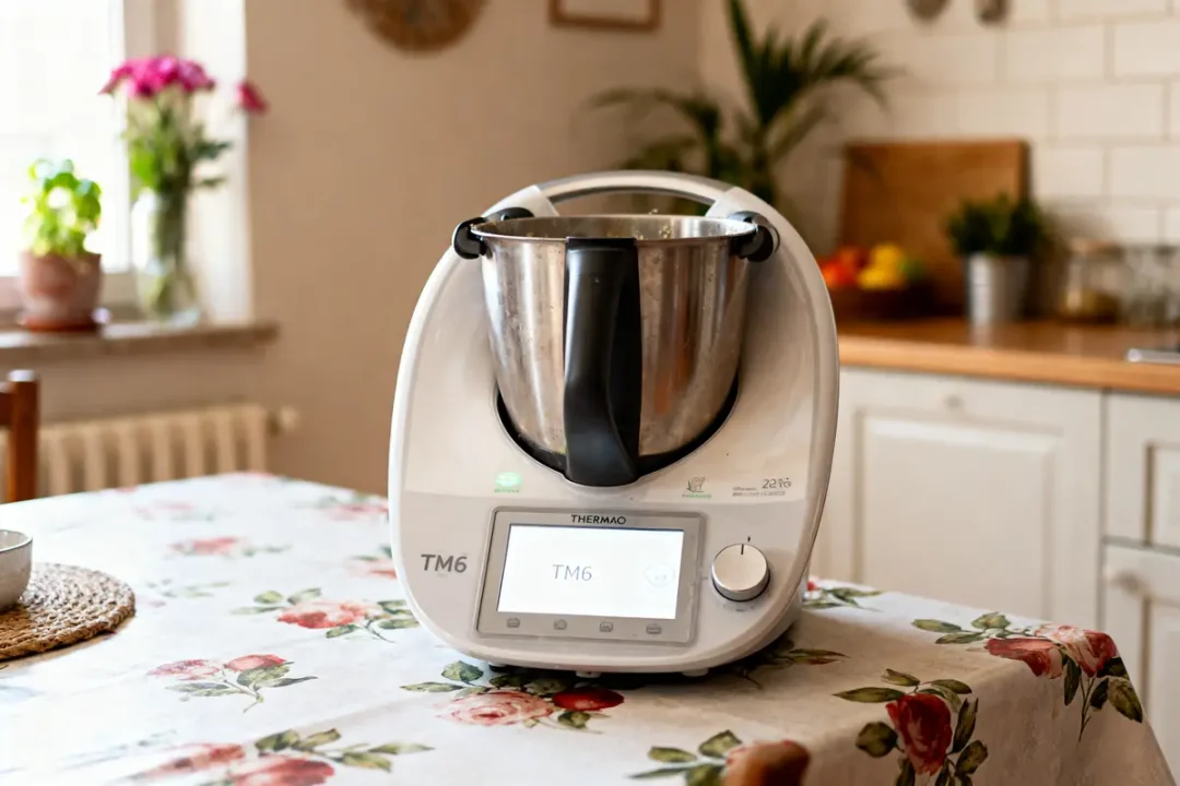 Robot culinaire Thermomix TM6 sur table avec nappe fleurie, cuisine en arrière-plan.