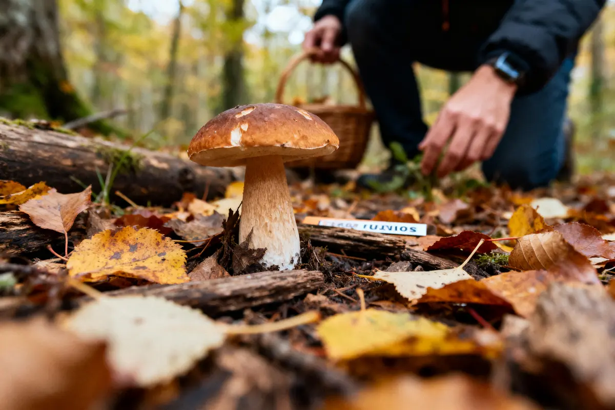 Champignon cèpe au sol forestier entouré de feuilles mortes, personne ramassant des champignons avec un panier.