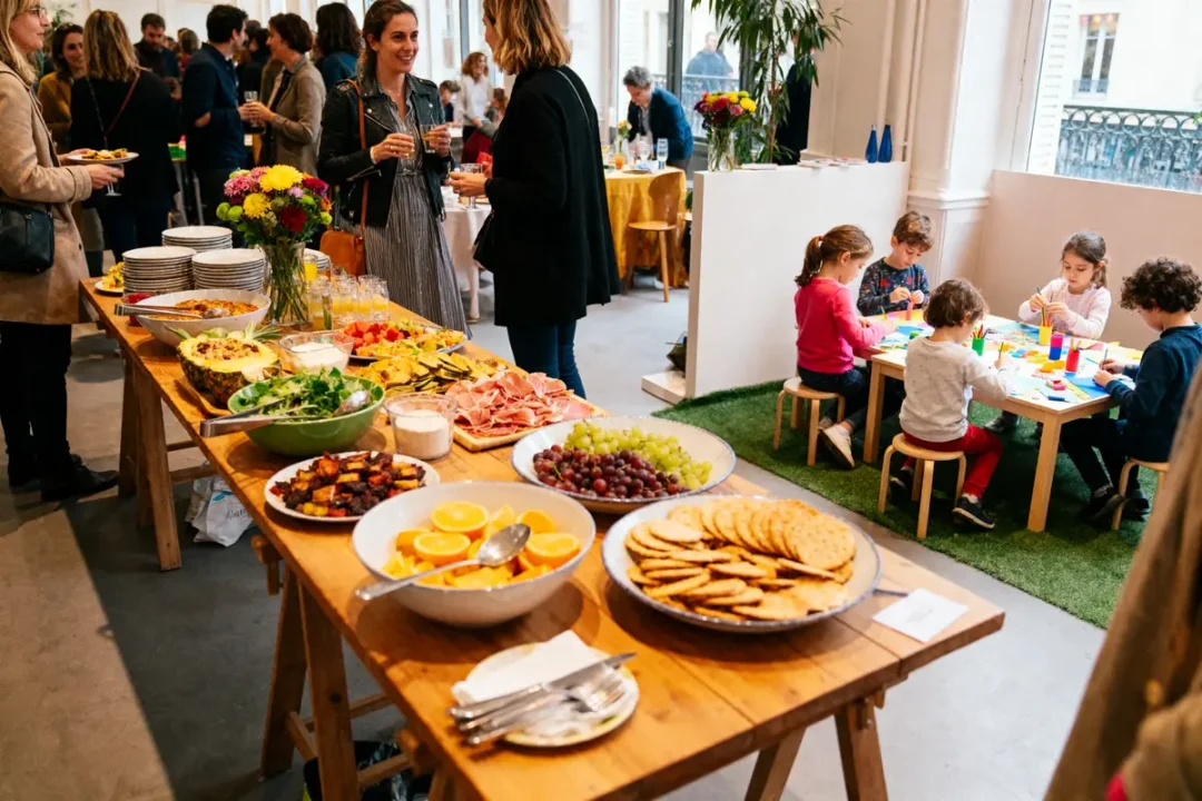 Table de buffet colorée, adultes discutant debout, enfants créant à une table de bricolage. Ambiance conviviale.