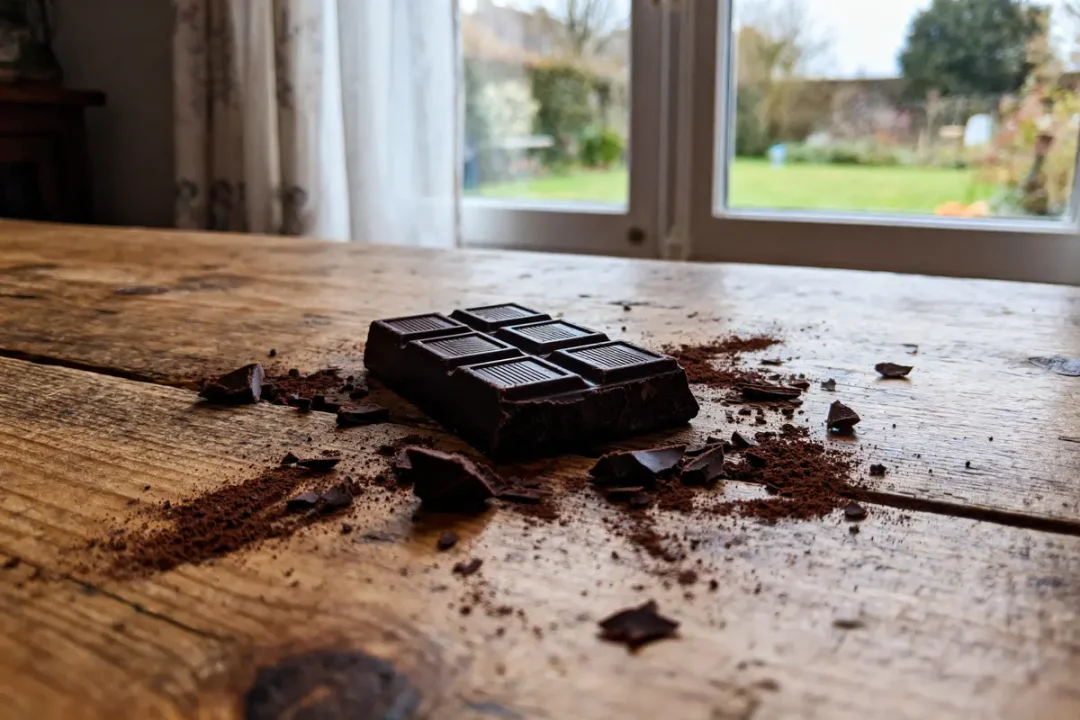 Table en bois avec barre de chocolat noir et miettes, devant fenêtre lumineuse.