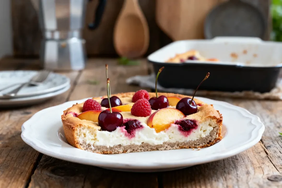 Tarte aux fruits variés, cerises, framboises, tranches de pêche, fond crémeux, assiette blanche, table en bois.