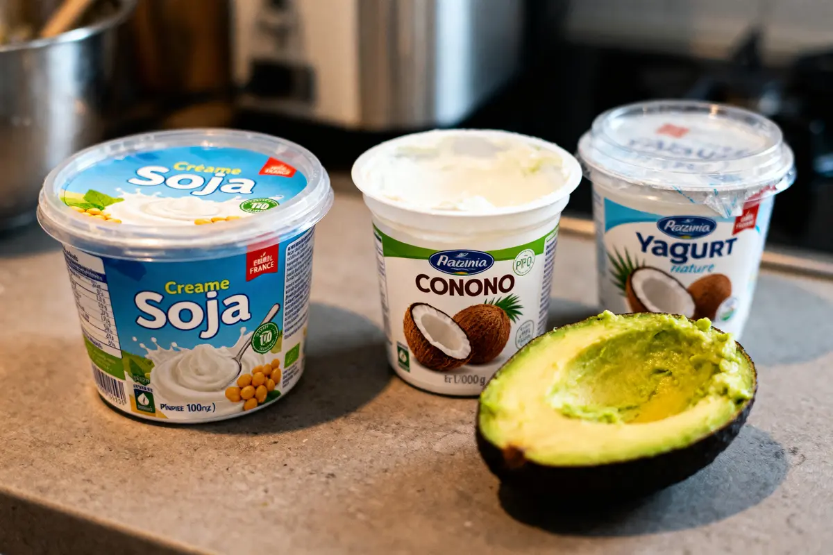 Trois pots de yaourt et une moitié d'avocat sur un comptoir gris.