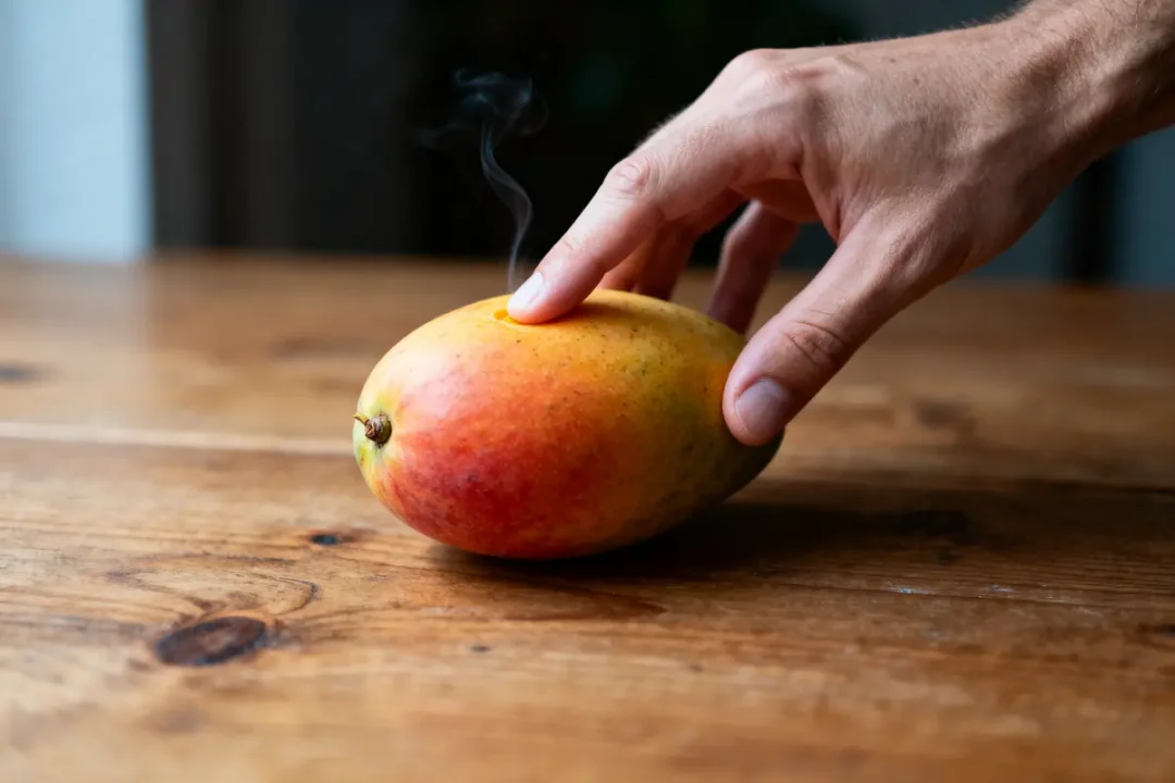 Main touchant un fruit fumant sur une table en bois.