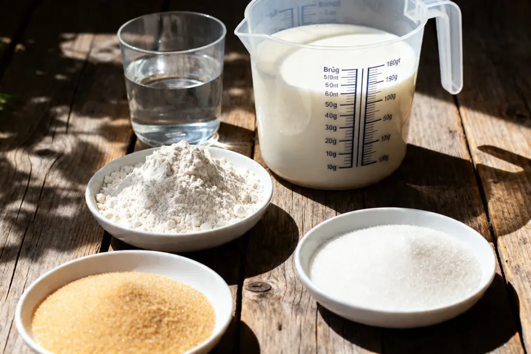 Ingrédients pour conversion gramme litre cuisinemoiunmouton avec farine sucre lait et eau sur table bois