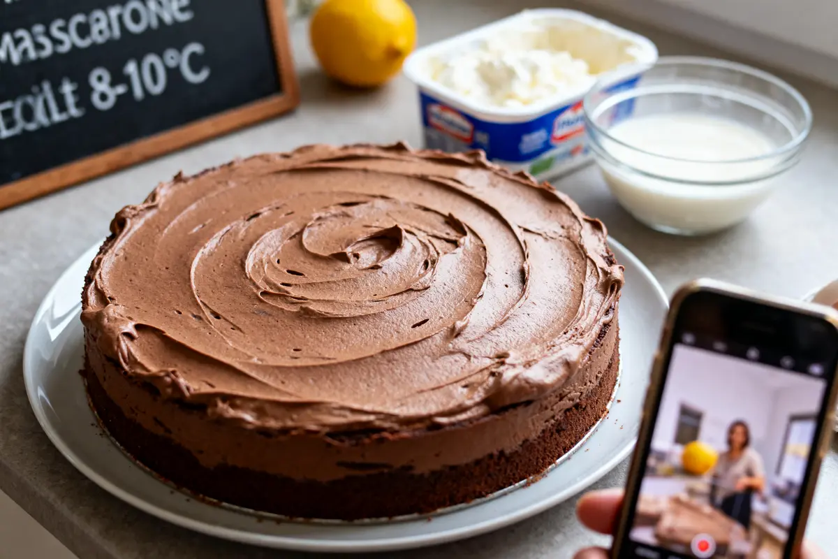 Gâteau au chocolat sur une assiette, avec ingrédients en arrière-plan et une personne prenant une photo.