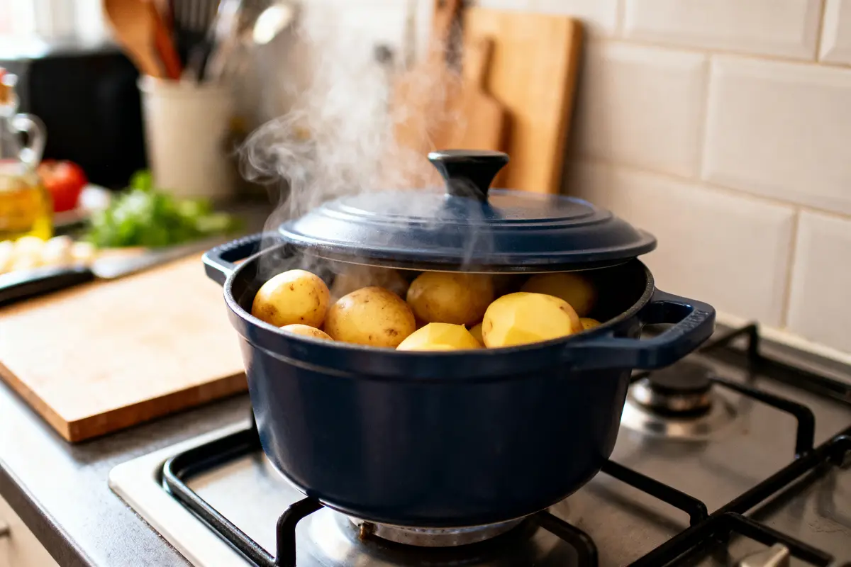 Cocotte bleue avec pommes de terre fumantes sur cuisinière dans une cuisine.