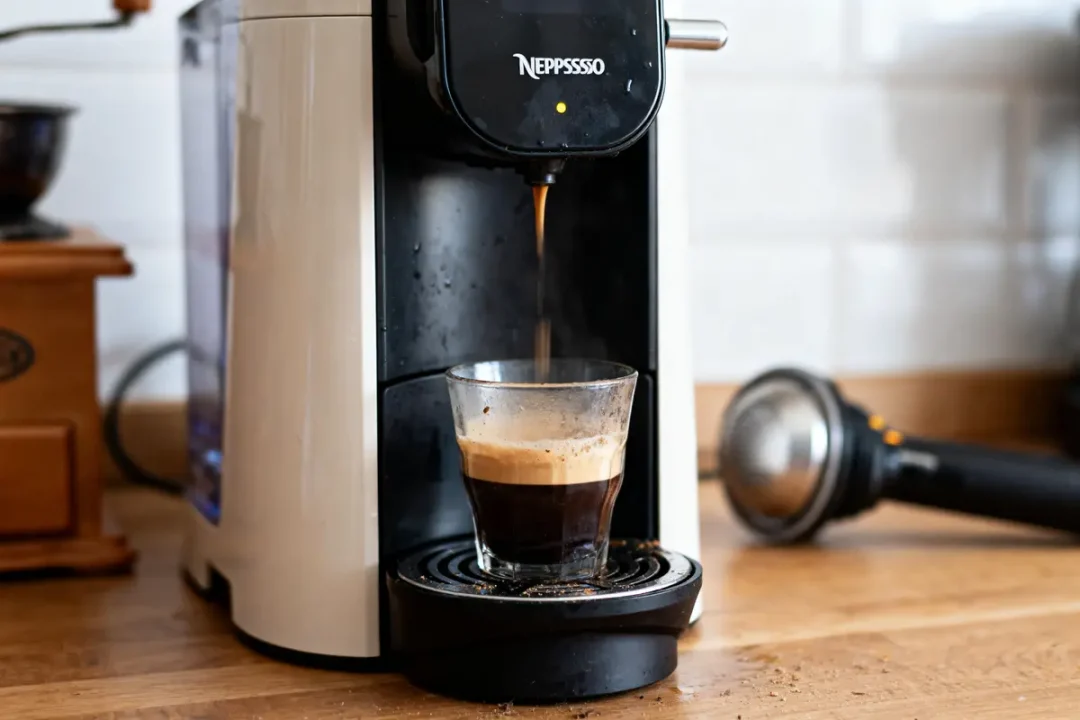 Machine à café préparant un espresso crémeux dans un verre sur un plan de travail en bois.