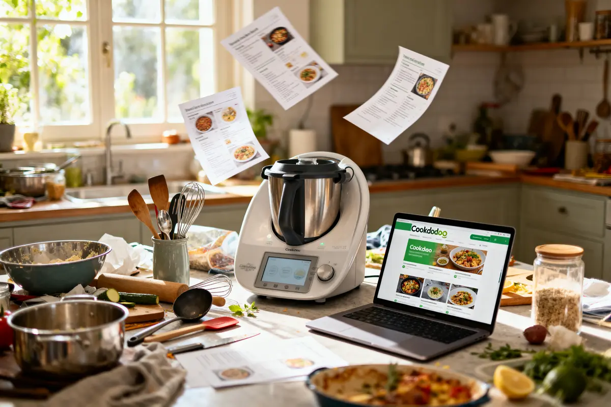 Cuisine avec robots culinaires, ordinateur portable, recettes volantes, ustensiles, ingrédients variés sur table encombrée éclairée par fenêtre.