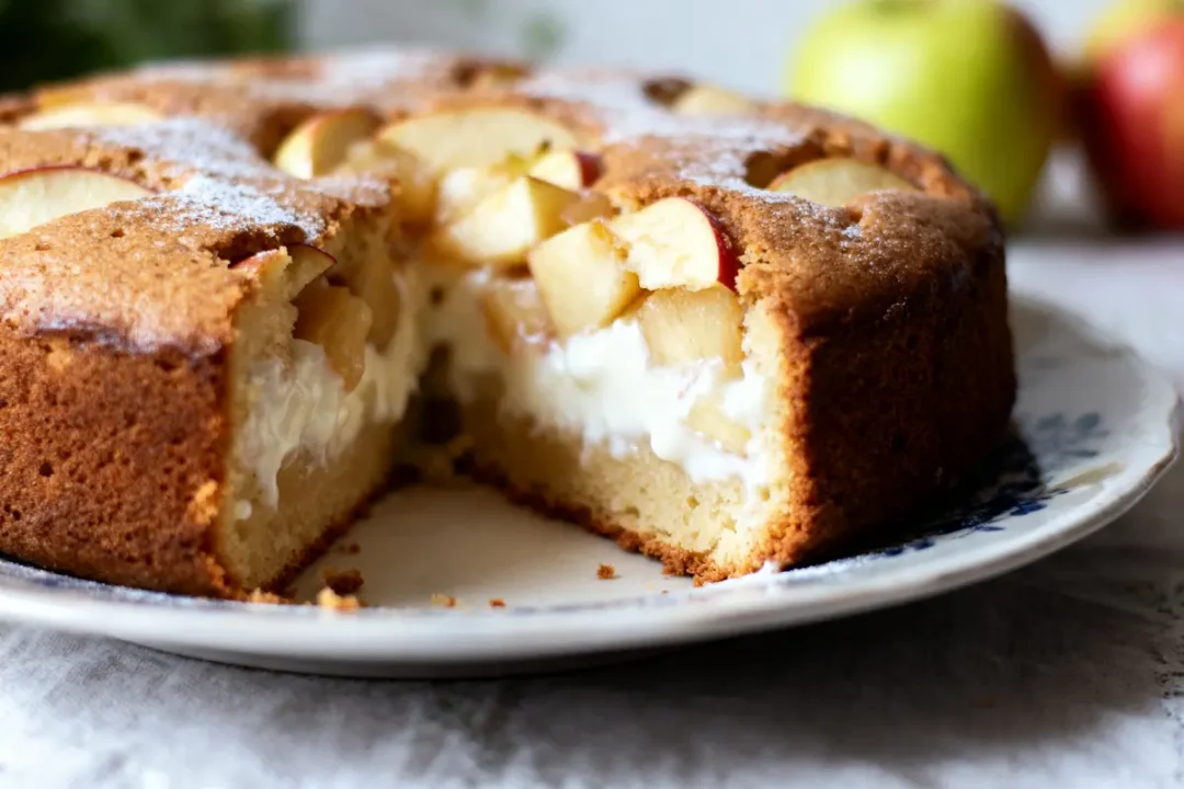 Gâteau aux pommes avec tranche manquante, garniture crémeuse, sur assiette, pommes floues en arrière-plan.