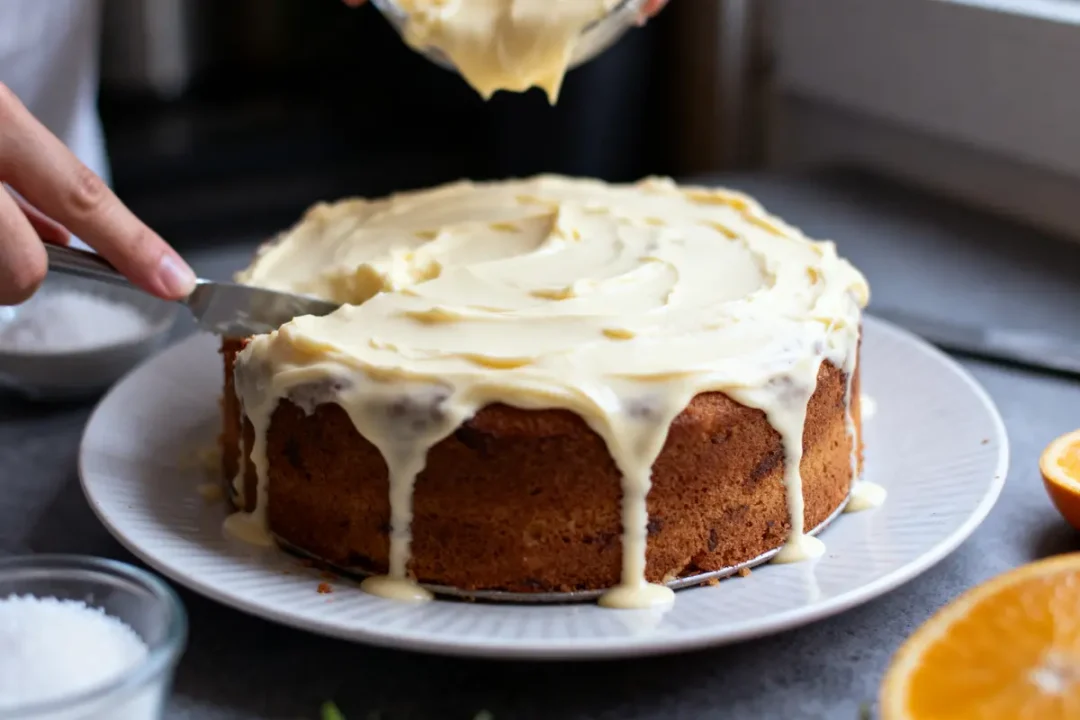 Gâteau au glaçage crémeux, décoré délicatement avec couteau, sur assiette blanche, demi-orange à côté.