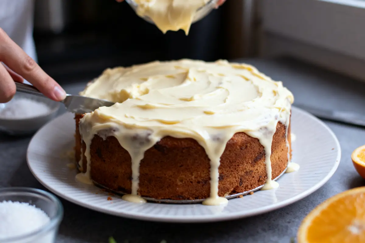 Gâteau au glaçage crémeux, décoré délicatement avec couteau, sur assiette blanche, demi-orange à côté.